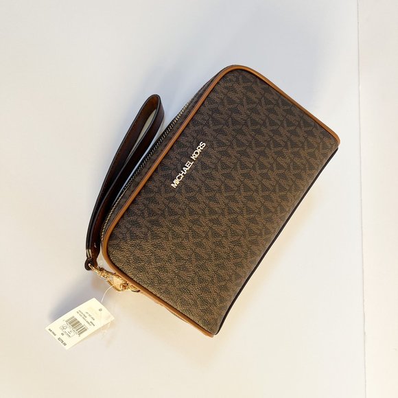 Michael Kors Jet Set Item Medium Travel Pouch Double Zip Wristlet MK Brown - Picture 3 of 13